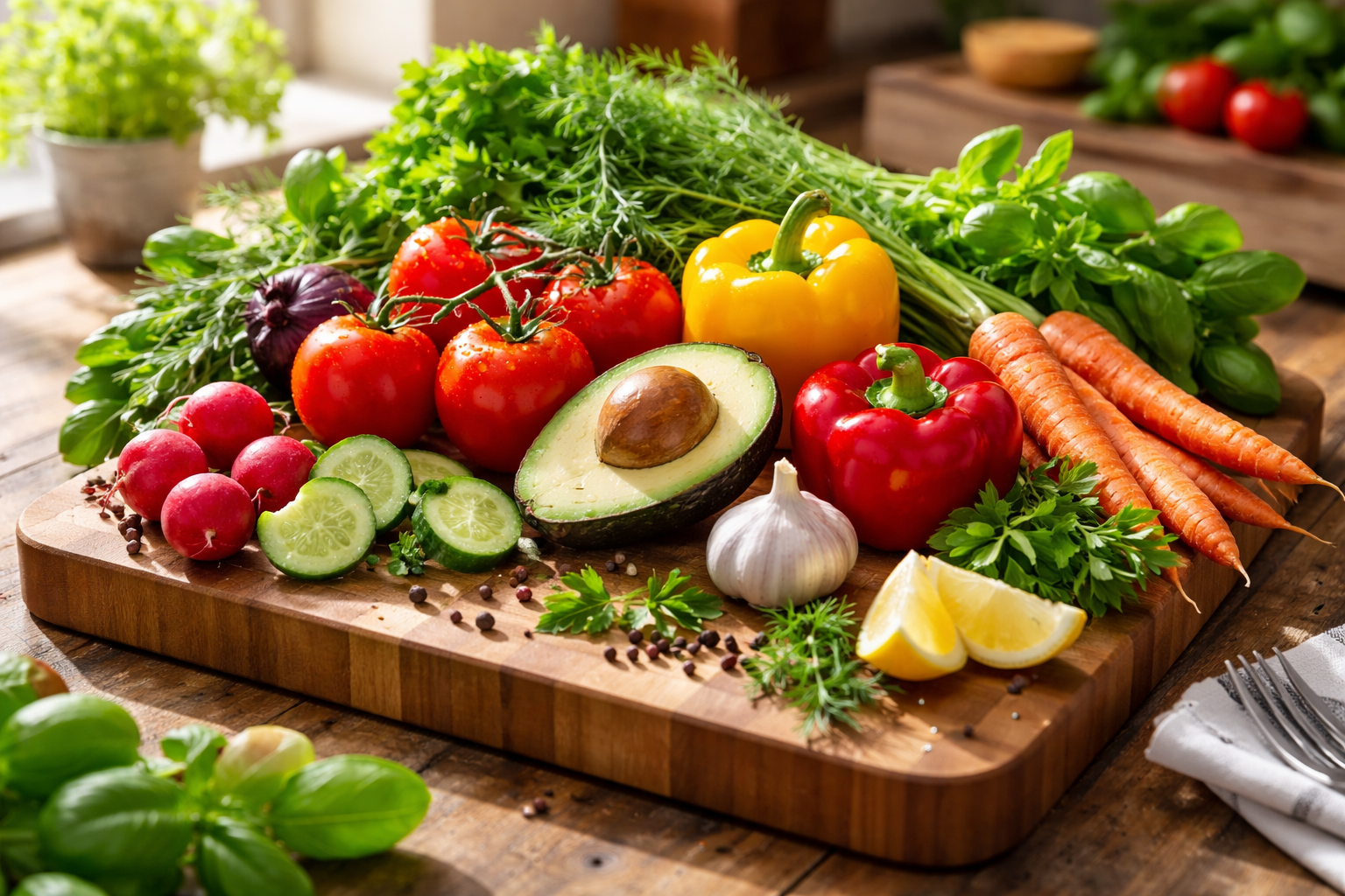 Fresh colorful vegetables and herbs arranged on wooden cutting board, natural kitchen setting with morning light
